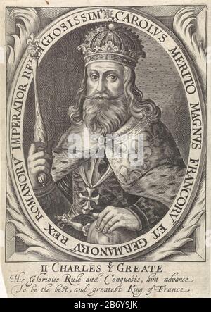 Karel de Grote als een van de negen helden De negen helden (serietitel) The Christian hero Charlemagne, scepter and orb in his hands. Bust encased in an oval frame with an edge inscription in Latin. On the sidelines his name and a two-line ode to Engels. Manufacturer : printmaker Willem van Pass Place manufacture: London Date: 1621 - 1636 Physical features: car material: paper Technique: engra (printing process) Dimensions: sheet: H 178 mm × W 125 mm Subject : Charlemagne (one of the nine worthies) Who: Charlemagne (emperor of the Holy Roman Empire)