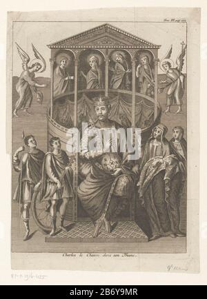 Karel de Kale op zijn troon, ca 875 Charles de Chauve dans son Trosne Charles the Bald sitting on his throne, king of West Francia in 875 crowned crowned emperor of the whole Roman Empire. On either side two men and two women, two angels in the sky. Upper right labeled: Tom. III. p. 172. Manufacturer : print maker: anonymous location manufacture: Western Europe Date: 1650 - 1750 Physical characteristics: etching material: paper Technique: etching dimensions: plate edge: H 211 mm × W 160 mm Subject: emperor when: 875 - 875Wie: Charles the Bold (Roman Emperor) Stock Photo