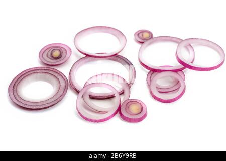 Fresh red onion rings on white background Stock Photo