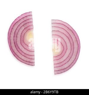 Two half moon slices of red onion on white background Stock Photo