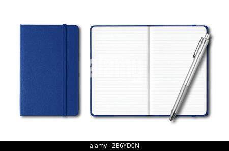 Marine blue closed and open lined notebooks with a pen isolated on white Stock Photo
