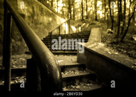 Retro closeup of stairs railing in the park with trees in the background Stock Photo