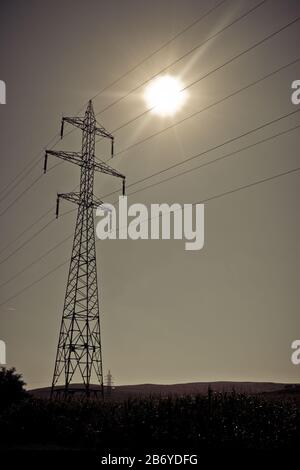 Sun shining above high voltage power lines on power pylons Stock Photo