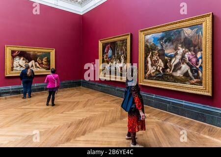 London, UK. 12th Mar 2020. Danae with Diana and Actaeon and with Diana and Callisto - Titian: Love, Desire, Death - a new exhibition at teh National Gallery that reunites all six paintings in the series commissioned by Prince Philip of Spain, the future King Philip II, in 1551. They are brought together from Boston, Madrid, and London, for the first time in over four centuries. Credit: Guy Bell/Alamy Live News