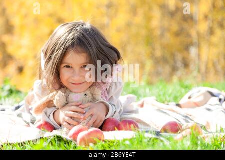 Cute little girl on autumn picnic. Baby hold fruit and teddy bunny on background of gold forest. Toddler eating fruits at harvest. Outdoor fun for chi Stock Photo