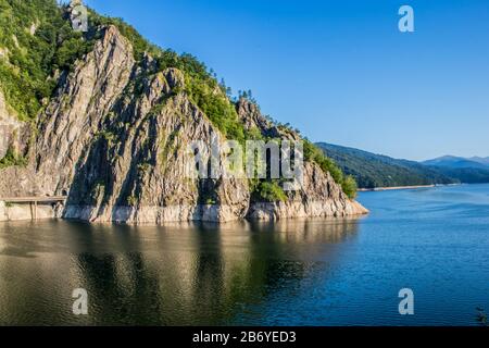 Tunnel through tree covered Godeanu mountain in a large lake with large forest in the background on a clear sky inside the Vidraru dam Stock Photo