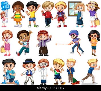 Large set of boys and girls doing different activity on white background illustration Stock Vector