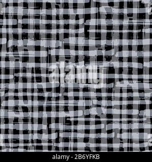 Vector minimalist plaid seamless pattern background. Organic painterly brush stroke effect backdrop. Repeat gingham fabric style in neutral gray tones Stock Vector