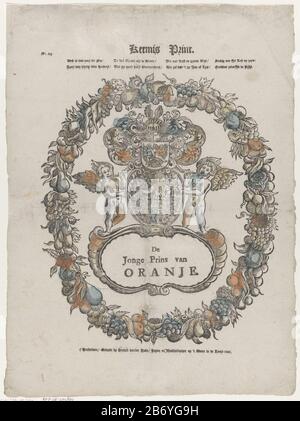 Kermis print (titel op object) Leaf with a large representation of a crowned man surrounded leveling, two cherubs blowing trumpets, a fantasy weapon with crest and a cartouche with the text: the Young Prince of Orange. Completely encased in an ornamental frame of flowers, leaves and fruit. Under the title of a freshly achtregelig in four columns. Numbered top left: No. 129. Manufacturer : Editor: Henry van der Putte (indicated on object) print maker: anonymous location manufacture: publisher: Amsterdam Print Author: The Netherlands Date: 1761 - 1765 Physical characteristics: wood block colored Stock Photo