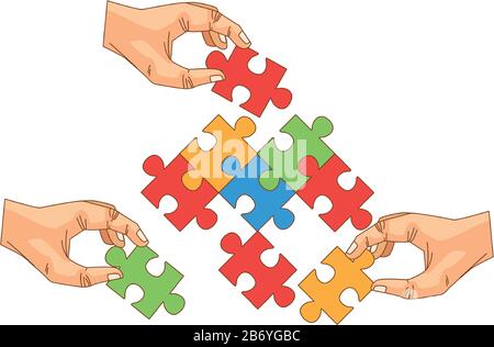 hands with puzzle game pieces isolated icon Stock Vector