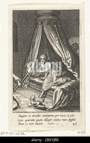 Kind stapt uit bed Pia desideria (serietitel) A child gets out of bed and follow a disappearing figure with torch. Behind the sky of the bed, the angel peeks these gebeurtenis. Manufacturer : printmaker: Boëtius Adamsz. Bolswertnaar own design: Boëtius Adamsz. Bolswertuitgever: Hendrik Aertssens Place manufacture: Antwerpen Date: 1590 - 1624 and / or 1624 Physical characteristics: engra material: paper Technique: engra (printing process) Measurements: plate edge: h 95 mm × b 56 mmToelichtingBoekillustratie of: Herman Hugo, Pia desideria emblematis, elegiis & affectibus SS patrum illustrata, An Stock Photo