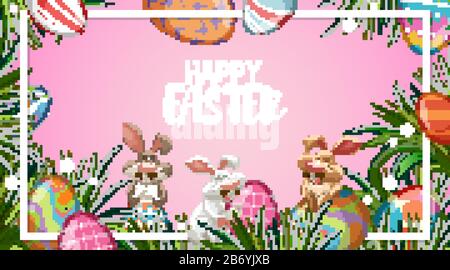 Poster design for easter with bunnies and painted eggs illustration Stock Vector