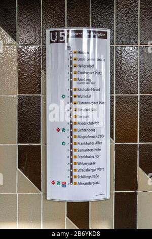 Hönow U-Bahn railway station, Eastern terminus of the U5 rail line in Berlin-Hellersdorf, Germany.  Information board showing route of train Stock Photo