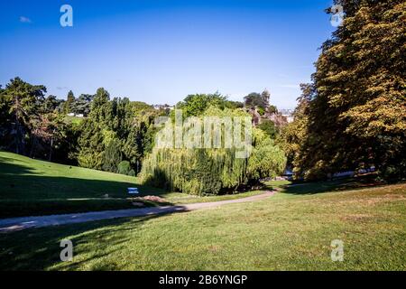 Buttes-Chaumont famous Park in summer, Paris, France Stock Photo