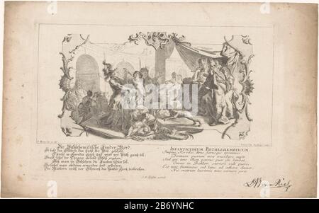 Kindermoord te Bethlehem Der Bethlehemitische Kinder-Mord Infanticidium Bethlehemiticum (titel op object) Jeugd van Christus (serietitel) The infanticide in Bethlehem. Under the watchful eye of King Herod, sitting on his throne, to newborn infants slain by soldiers. Unsuccessfully trying mothers to protect their children. Around the show a rocaille frame. In the bottom margin twice a zevenregelige German and Latin tekst. Manufacturer : printmaker: Johann Christoph Steinberger (listed building), designed by Johann Evangelist Holzer (listed building) Publisher: Johann Andreas Pfeffel (der Ältere Stock Photo
