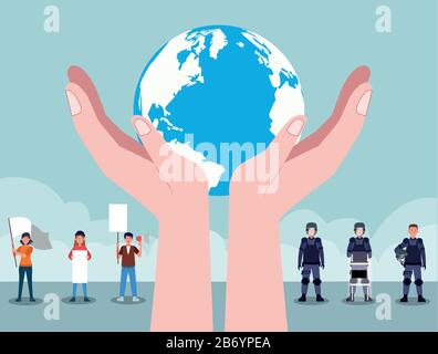 activists people protesting with police officer and world planet Stock Vector