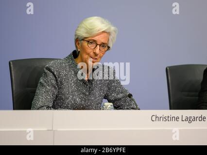 (200312) -- FRANKFURT, March 12, 2020 (Xinhua) -- European Central Bank (ECB) President Christine Lagarde speaks at a press conference at the ECB headquarters in Frankfurt, Germany, March 12, 2020. The European Central Bank (ECB) on Thursday decided to leave key interest rates unchanged but rolled out a comprehensive package of monetary policy measures to ensure liquidity support amid COVID-19 concerns. (ECB/Handout via Xinhua) FOR EDITORIAL USE ONLY. NOT FOR SALE FOR MARKETING OR ADVERTISING CAMPAIGNS. Stock Photo