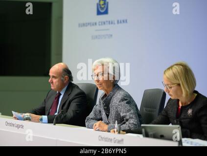 (200312) -- FRANKFURT, March 12, 2020 (Xinhua) -- European Central Bank (ECB) President Christine Lagarde (C) speaks at a press conference at the ECB headquarters in Frankfurt, Germany, March 12, 2020. The European Central Bank (ECB) on Thursday decided to leave key interest rates unchanged but rolled out a comprehensive package of monetary policy measures to ensure liquidity support amid COVID-19 concerns. (ECB/Handout via Xinhua) FOR EDITORIAL USE ONLY. NOT FOR SALE FOR MARKETING OR ADVERTISING CAMPAIGNS. Stock Photo