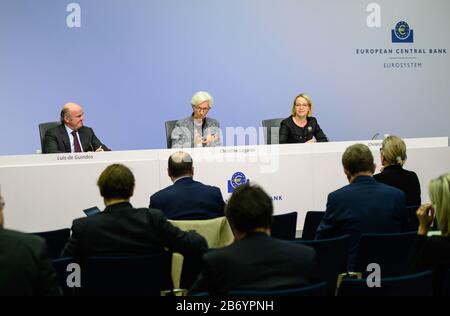 (200312) -- FRANKFURT, March 12, 2020 (Xinhua) -- European Central Bank (ECB) President Christine Lagarde (C) speaks at a press conference at the ECB headquarters in Frankfurt, Germany, March 12, 2020. The European Central Bank (ECB) on Thursday decided to leave key interest rates unchanged but rolled out a comprehensive package of monetary policy measures to ensure liquidity support amid COVID-19 concerns. (ECB/Handout via Xinhua) FOR EDITORIAL USE ONLY. NOT FOR SALE FOR MARKETING OR ADVERTISING CAMPAIGNS. Stock Photo