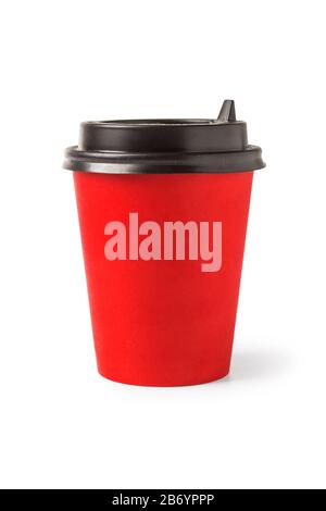 Red paper coffee cup with black plastic lid Stock Photo