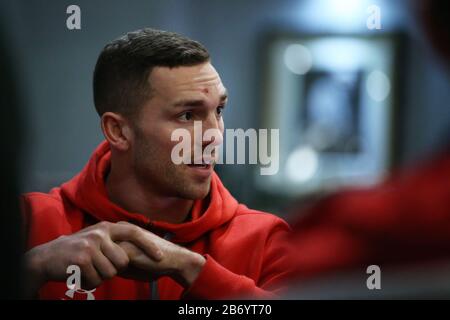 Cardiff, UK. 12th Mar, 2020. George North, the Wales rugby player speaks to the media. Wales rugby team announcement press conference at the Vale Resort, Hensol, near Cardiff, South Wales on Thursday 12th March 2020 the team are preparing for their final Guinness Six nations match against Scotland this weekend. pic by Andrew Orchard/Alamy Live News Stock Photo