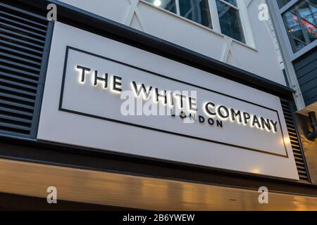 Name board of The White Company London above the shop front in Gunwharf Quays shopping centre, Portsmouth, Hampshire, south coast England Stock Photo