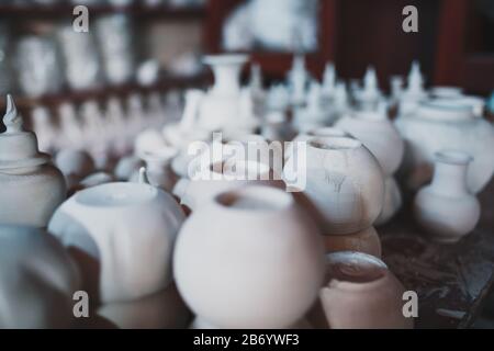 Making ceramic pots and cups from white clay handmade. Small family factory in Turkey Stock Photo
