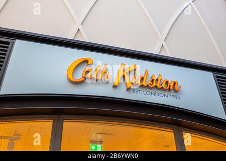 Name board of Cath Kidston above the shop front in Gunwharf Quays shopping centre, Portsmouth, Hampshire, south coast England Stock Photo