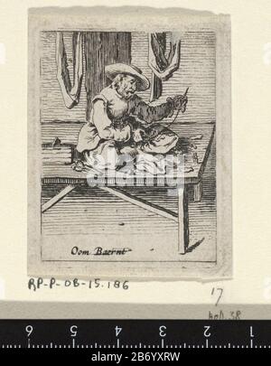 Kleermaker Oom Baernt (titel op object) Genretaferelen (serietitel) KleermakerOom Baernt (title object) Genre Scenes (series title) Property Type: print Serial number: 17 / 32Objectnummer: RP-P-OB-15.186Catalogusreferentie: Hollstein Dutch 38-2 (3) Description: A tailor (Uncle Baernt) sitting on a table to sew clothes. Behind him hanging pieces of cloth. The print is a part of a series of 32 pictures with genretaferelen. Manufacturer : print maker: Gillis of Scheyndel (I), publisher: Salomon SaveryPlaats manufacture: Amsterdam Date: 1638 Physical characteristics: etching material: paper Techni