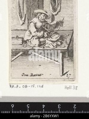 Kleermaker Oom Baernt (titel op object) Genretaferelen (serietitel) KleermakerOom Baernt (title object) Genre Scenes (series title) Property Type: print Serial number: 17 / 32Objectnummer: RP-P-OB-15.146Catalogusreferentie: Hollstein Dutch 38-3 (3) Description: A tailor (Uncle Baernt) sitting on a table to sew clothes. Behind him hanging pieces of cloth. The print is part of a series of 32 prints with genretaferelen. Manufacturer : printmaker: Gillis Scheyndel (I) editor: Frederick the WitPlaats manufacture: printmaker: Netherlands Publisher: Amsterdam Date: 1630 - 1706 Physical features: etch