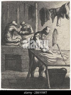 Kleermaker Beroepen (serietitel) A tailor cuts a substance, beside him his rule . In the background sew two seated women and hang clothes to lijn. Manufacturer : printmaker Jan Georg van Vliet Place manufacture: Leiden Date: 1635 Physical features: etching material: paper Technique: etching Dimensions: sheet: H 210 mm × W 162 mm Subject: tailor, dressmaker sitting cross -legged, tailor axis at work tools, AIDS, implements  crafts and industries: scissor plant container made of material other than wood: basket Stock Photo