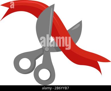 Red ribbon and scissors, illustration, vector on white background. Stock Vector