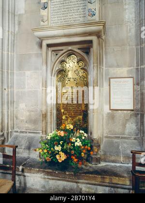 Jane Austen Memorial, Winchester Cathedral, Hampshire, England, UK. Brass memorial plaque to Jane Austen, erected In 1870 by her nephew Edward, in the Stock Photo