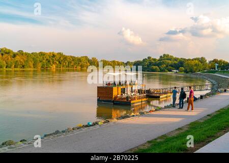 A wooden boat in the river by Szentendre near Budapest in summer Stock Photo