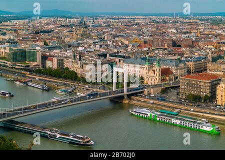 Elisabeth bridge, Danube and elevated view of Pest in a sunny day Stock Photo