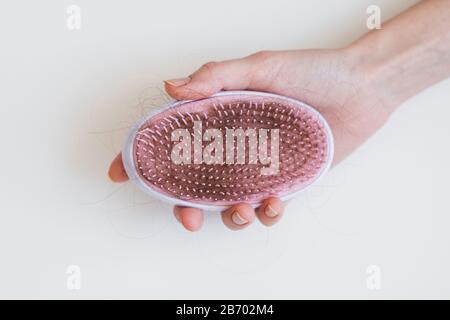 Hand of woman holding hairbrush with hair fall after combing in on white background. Hair loss problem, postpartum period, hormonal disbalance, stress Stock Photo