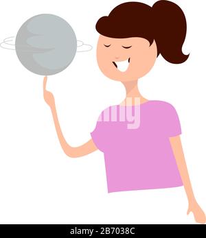 Girl spinning ball, illustration, vector on white background. Stock Vector