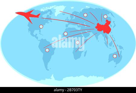 Spreading of coronavirus via airlines on world map. global quarantine due to chinese virus. covid 19 infected countries with airplane. 2019-nCoV SARS pandemic Vector flat isolated on white background.