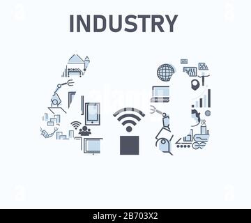 technology Industry 4.0 icon industrial of steam power, manufactory, automation robot management and Wireless communication factory in a flat style co Stock Vector