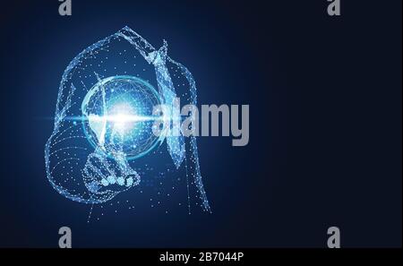 Abstract technology line triangle and points businessman low poly finger pointing on hand world future modern wireframe on hi tech future blue backgro Stock Vector