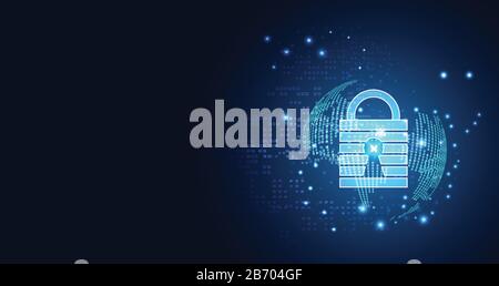 Abstract technology cyber security privacy world protect information network concept padlock protection digital network internet link on hi tech blue Stock Vector