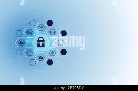 Abstract technology cyber security privacy icon information network concept padlock protection digital network internet link on hi tech blue future ba Stock Vector