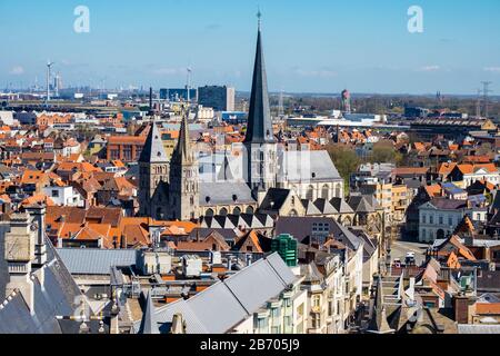 Belgium, Flanders, Ghent (Gent). View of Ghent old town from Het Belfort van Gent, 14th century belfry. Stock Photo