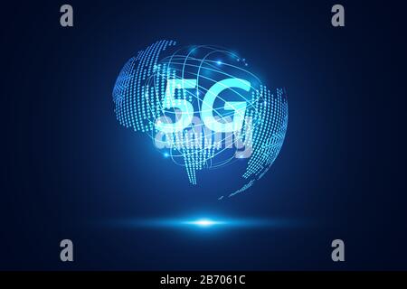 Abstract 5G wireless internet wifi network technology concept map digital internet wireless on blue background. Stock Vector