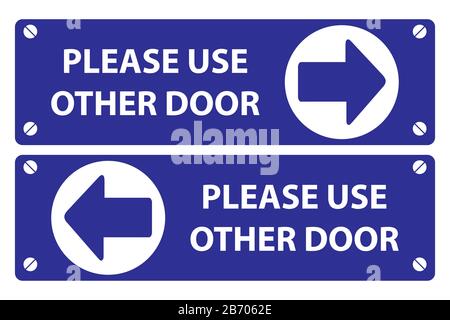 Please use other door sign on blue background white text and blue arrow in white circle. vector sign board. Stock Vector