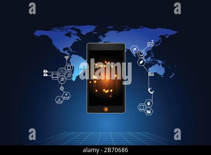abstract technology digital on smartphone futuristic digital network connection and business icon on map world hi tech background .vector illustration Stock Vector