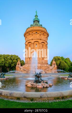 Germany, Baden-Württemberg, Mannheim. Mannheimer Wasserturm, 60 meter tall water tower built 1886 to 1889 on current Friedrichsplatz. Stock Photo