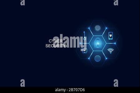 Abstract blue vector with a futuristic concept against cyber threat In the form of icons consisting of fingerprint locks, keys, phones and computers p Stock Vector
