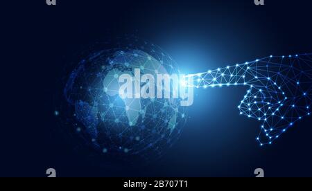 Abstract technology line triangle and points low poly polygonal future modern wireframe on world hi tech future blue background. Stock Vector