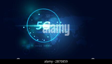 Abstract 5G wireless internet wifi network technology concept map digital internet wireless on blue background. Stock Vector